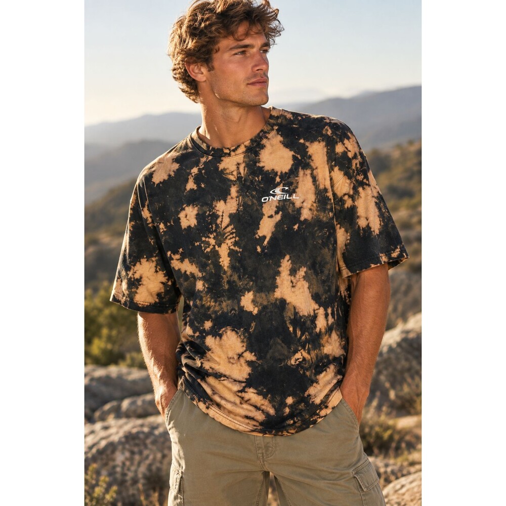 O'Neill Mens T Shirt 2XL Black Tan Bleach Wash Tie Dye Logo Graphic Short Sleeve